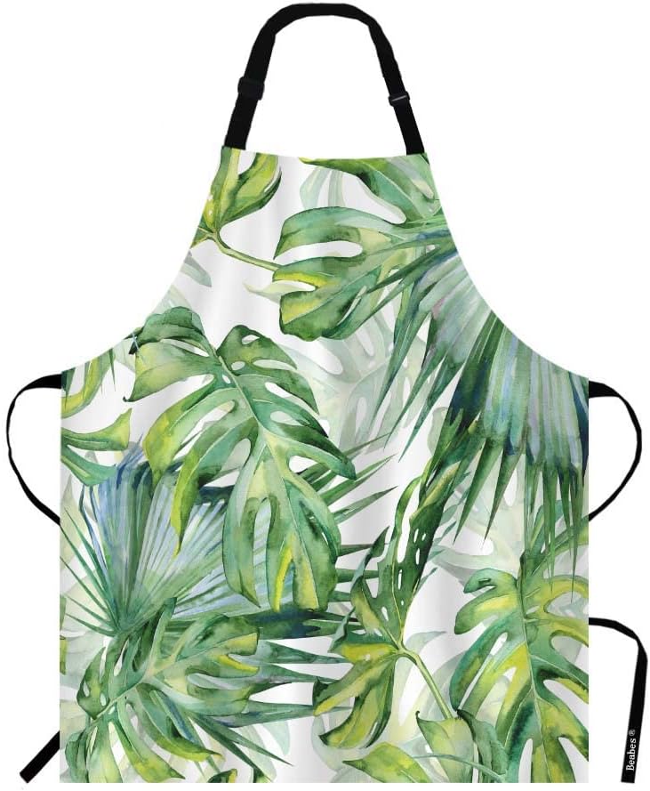 Tropical Palm Leaves Kitchen Bib Apron Beach Dense Jungle Foliage Floral Polyester Adjustable Aprons for Outdoor BBQ Gardening 27" X 31" for Chef Waitress