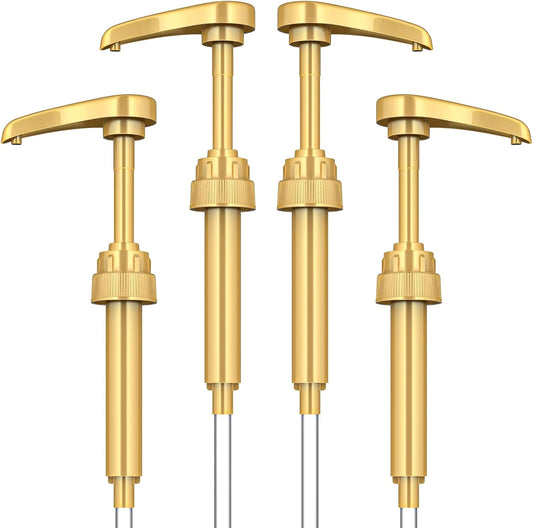 Coffee Syrup Pump Dispenser, 4 Packs of Syrup Pump for 750ml/25.4 oz Syrup Bottle, Gold Pumps for Coffee Syrup Bottle, works with Torani, DaVinci, Jordans Skinny 750ml Syrups Bottles (Gold)