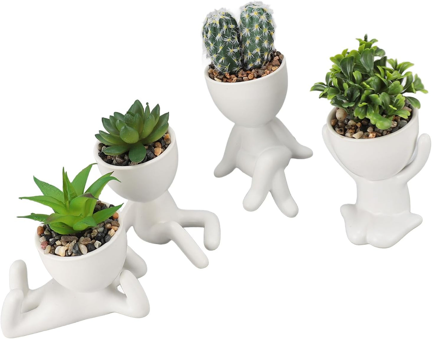 Artificial Succulent Planter Pot Cute Human Shaped Ceramic Plastic Fake Succulents with Pots for Home Office Decoration 4pcs Set