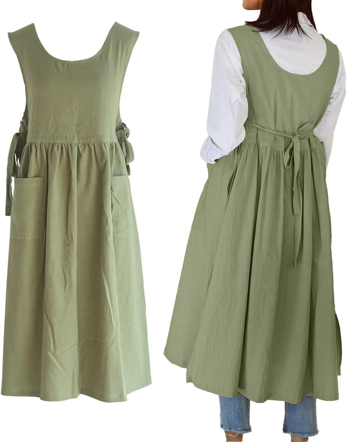 Women Plus Size Cotton Linen Vintage Pleated Split Apron Pinafore Dres