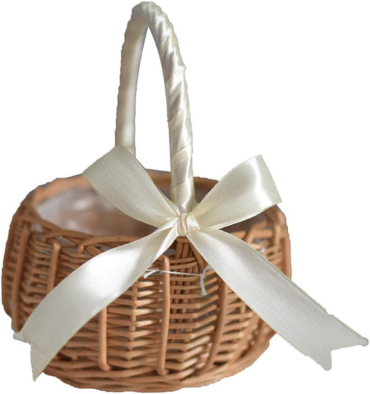Wicker Rattan Flower Basket, Wedding Flower Girl Baskets, Willow Handwoven Basket with Handles and Plastic Insert, Woven Eggs Candy Basket for Garden Decor, White, S (210209HT07-1-10031-1949313471)