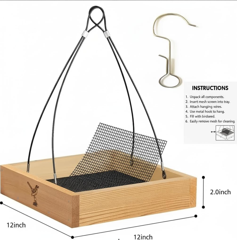 Cedar Wood Platform Tray Bird Feeder 12” - Hanging Bird Feeder for Outside Outdoor - Stainless Steel Cable Mesh Base - Weather Proof Birdfeeder for 10 Years - Longtime Outdoor Lasting Heavy Duty