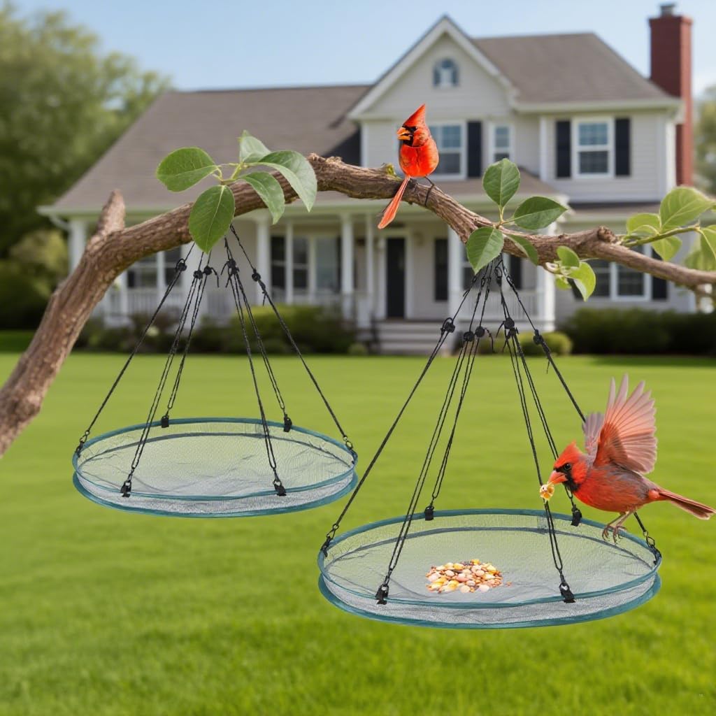 2 Pack Feeder Bird Seed Catcher Tray - Diameter Durable Outdoor Bird Feeding Platform with Adjustable Hanging Hoop and Seed Guard (Green, 24")