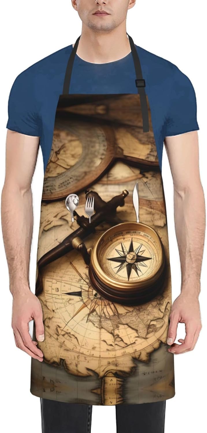 Compass and Old World Map Print Laundry apron 28x33 In Waterproof Kitchen Apron with Pockets for Cooking Baking