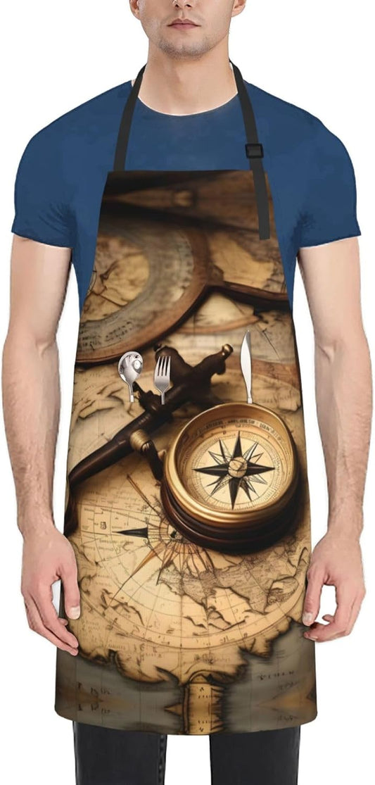 Compass and Old World Map Print Laundry apron 28x33 In Waterproof Kitchen Apron with Pockets for Cooking Baking