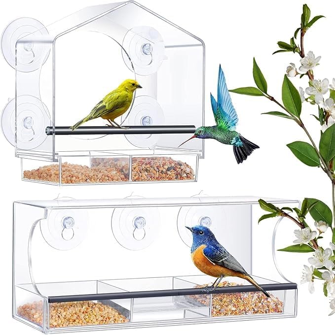 Acrylic Window Bird Feeder with Strong Suction Cups – Weatherproof Wild Bird House for Cardinals, Finches, Chickadees – Large Removable Seed Tray, Backyard Bird Watching Gift