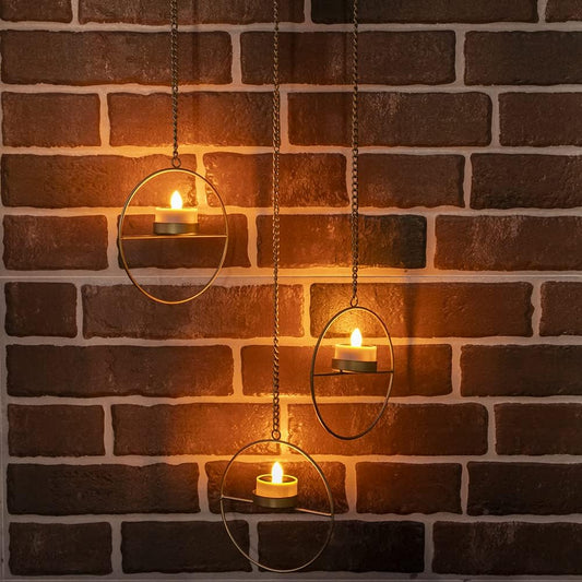 Solar Lanterns Outdoor Hanging Lights, Golden Metal Candle Holder with Solar Tea Lights Outdoor Waterproof, Solar Chandelier Ideas for Tree Gazebo Pergola Patio Garden Backyard Decor - Set of 3