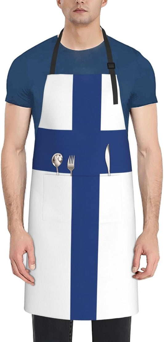 Finnish flag print Waterproof chef's apron with pocket apron for kitchen cooking baking barbecue and gardening