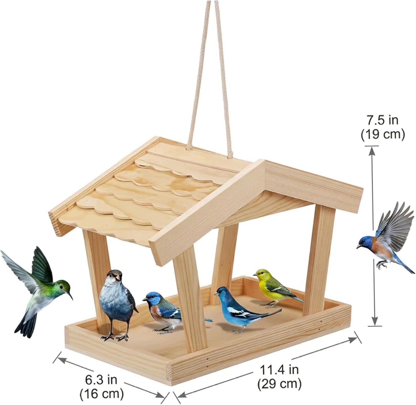 Hanging Bird Feeder, Natural Pine Wood Outdoor Bird House with Creative Roof, Seed Catcher for Wild Birds, 11.4x6.3x7.5 Inch.