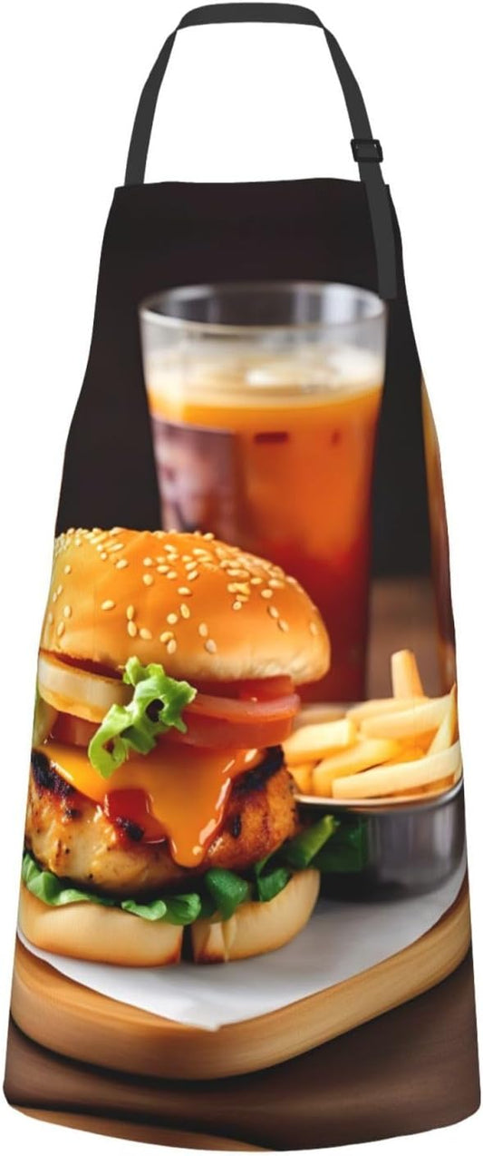 Chicken leg burger drink print Waterproof chef's apron with pocket apron for kitchen cooking baking barbecue and gardening
