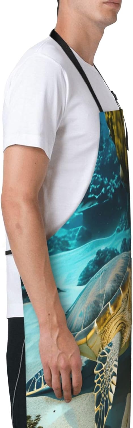 YANYU Sea Turtle Print 28x33 In Kitchen Apron Stylish Chef Apron with Pockets for Cooking Baking Painting