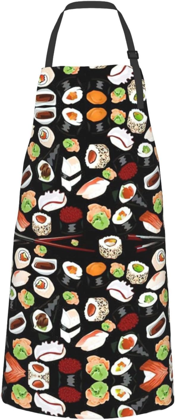 Japanese Sushi Black print Waterproof apron with pocket adjustable coo