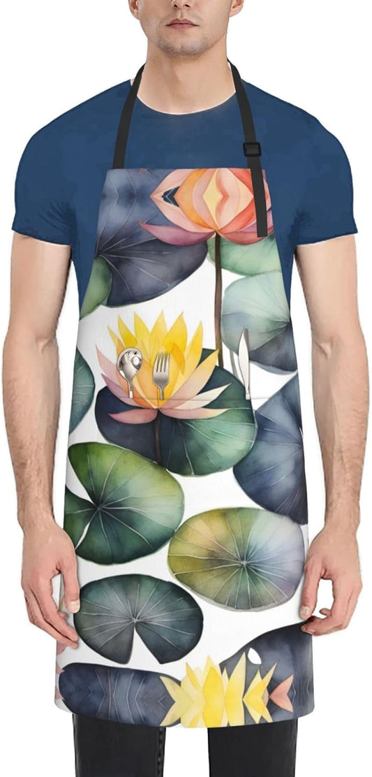 Black Lily Pads 1 print Waterproof chef's apron with pocket apron for kitchen cooking baking barbecue and gardening
