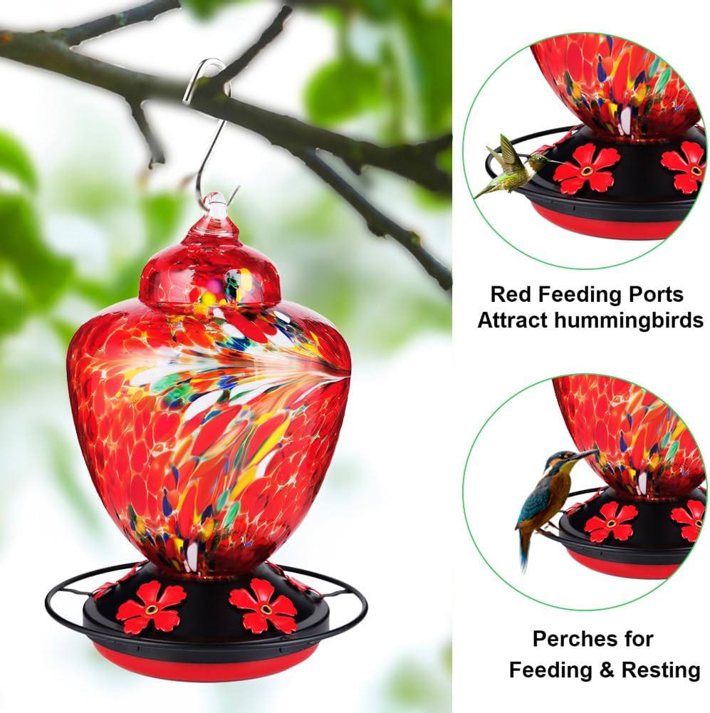 REZIPO Hummingbird Feeder with Perch - Hand Blown Glass - 38 Fluid Ounces Hummingbird Nectar Capacity Include Hanging Wires and Moat Hook (Red-fire)