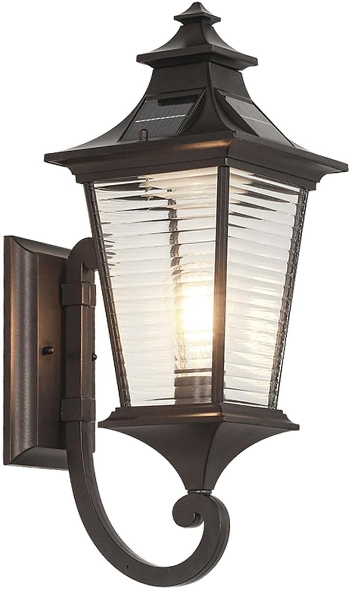 Solar Exterior Wall Lantern, Coffee Gold Die Cast Aluminum Lamp with Glass Shade, Waterproof Dusk to Dawn LED Fixture for Porch Patio Garden Villa Entryway Terrace Gate Path Cottage