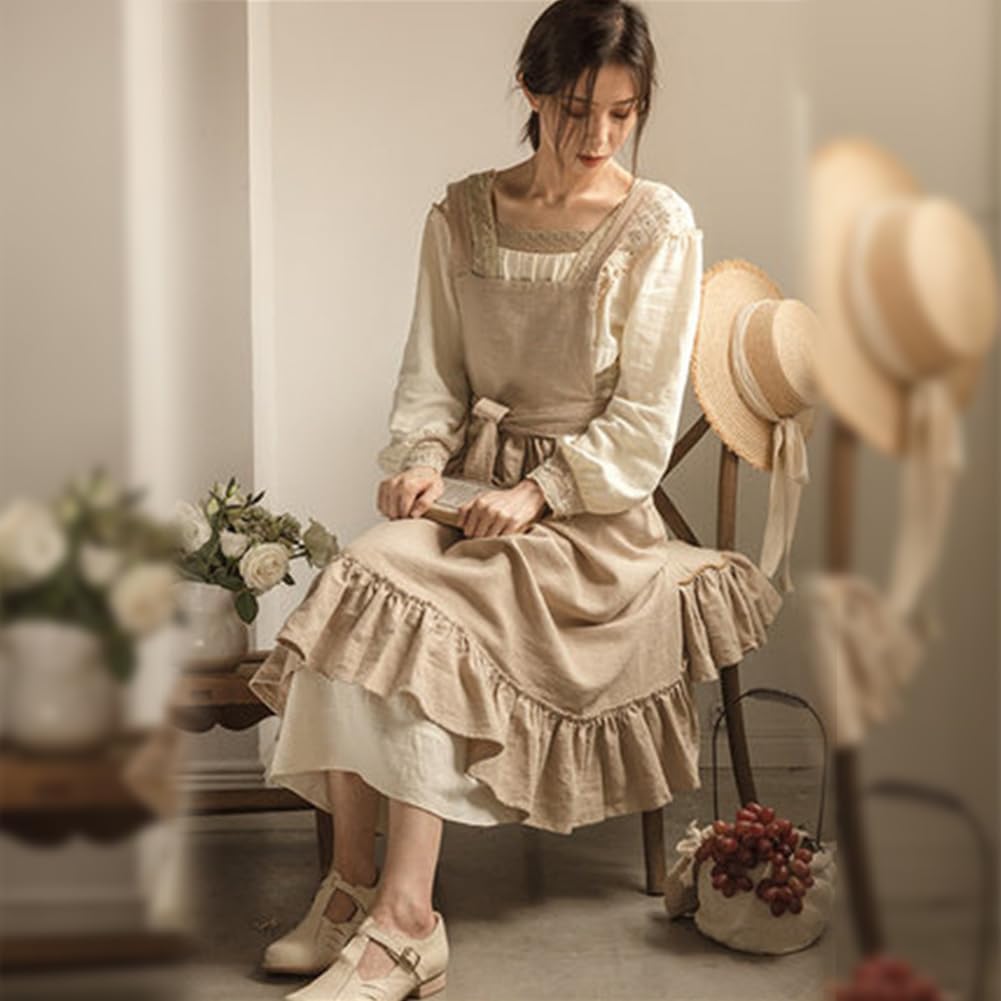 ODIZLI Frill Apron for Women Cotton Cross Back Vintage Ruffle Apron for Garden Cooking Aprons