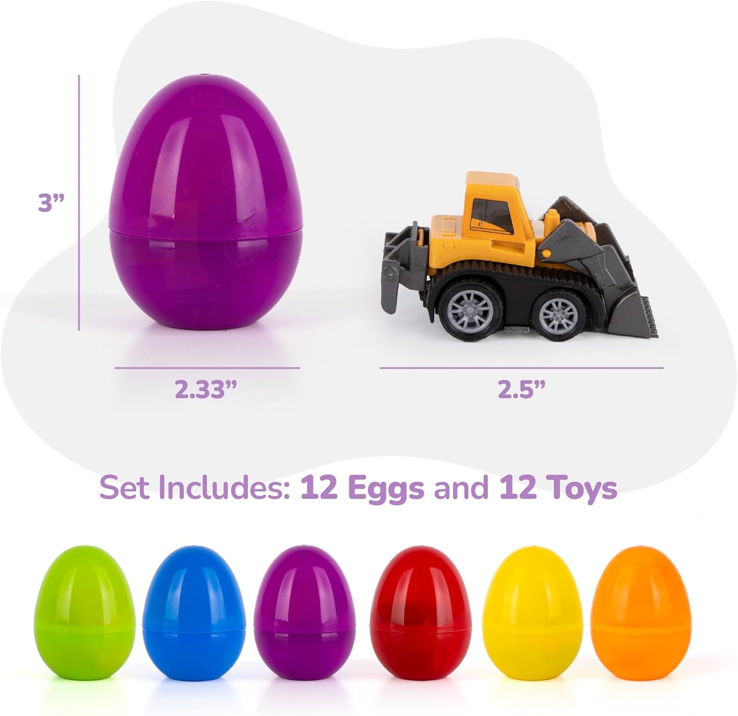 ArtCreativity Pre Filled Easter Eggs with Plastic Vehicles Inside - 12 Colorful Surprise Eggs for Kids with Pullback Construction Truck Toys - Easter Hunt Supplies - Basket Stuffers