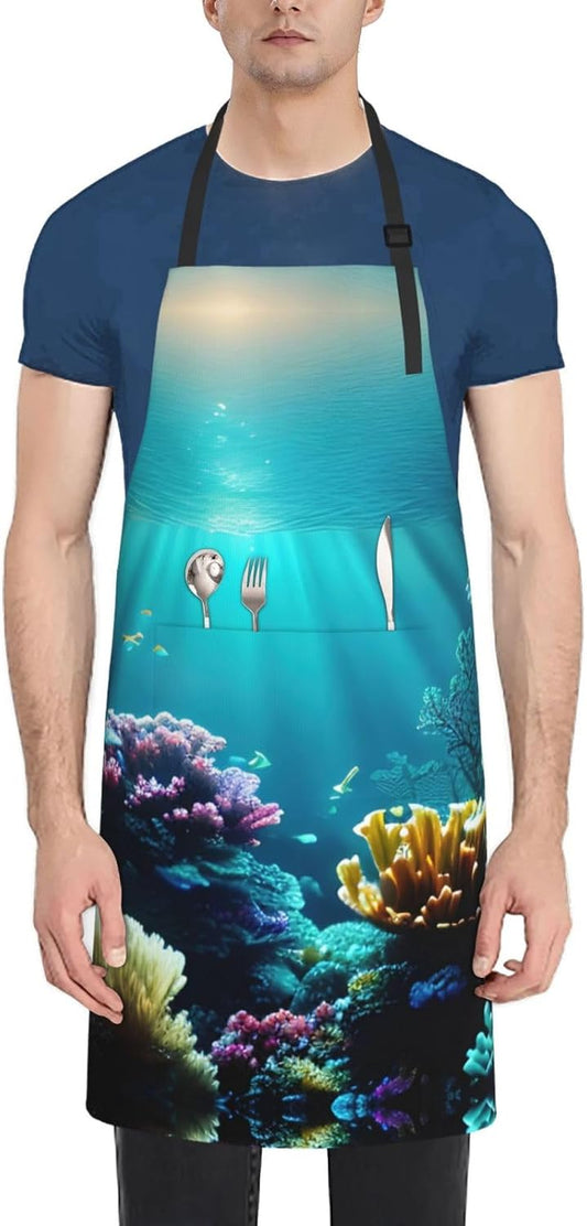 Underwater Scenery print Waterproof apron with pocket adjustable cooking apron for adult kitchen bibs to bake