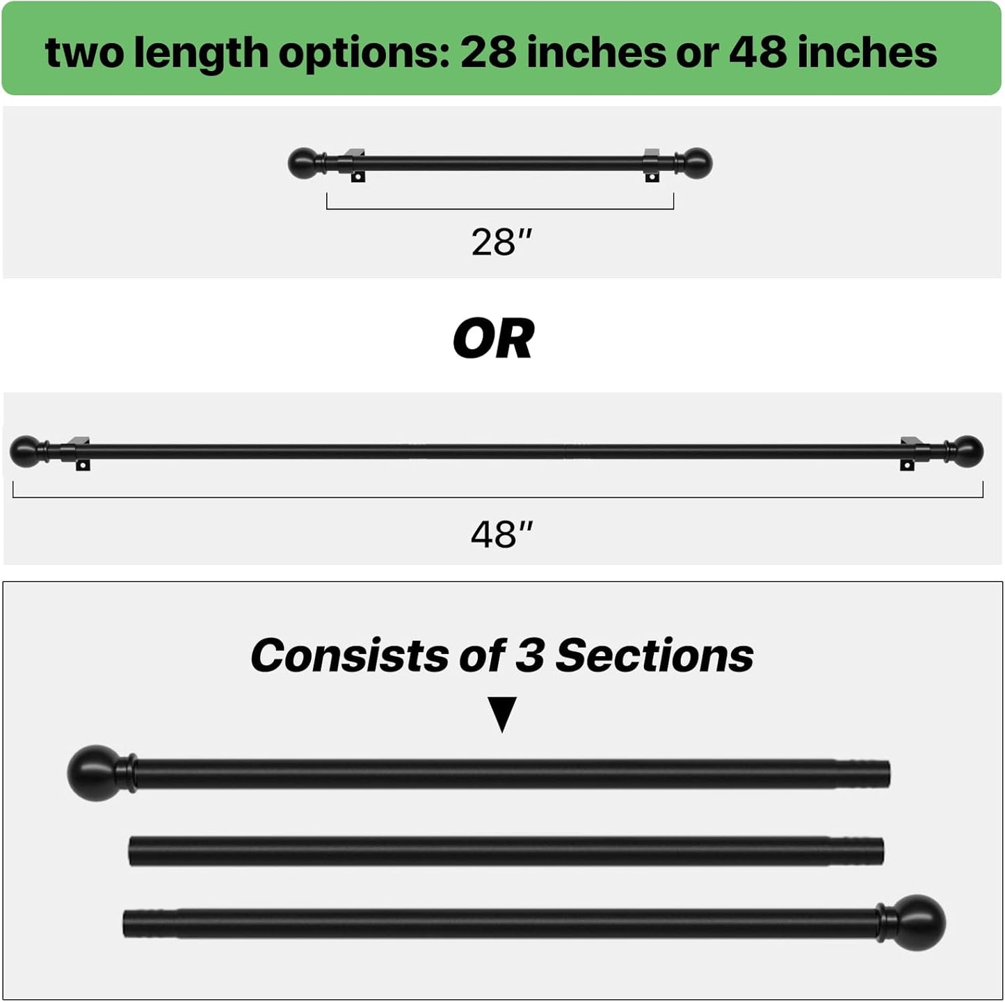 Curtain Rods for Windows 28 to 48 inch, 5/8 inch Black Curtain Rod Set with Brackets, Splicing Adjustable Metal Drapery Rod for Bedroom, Kitchen, Living Room, Matte Black