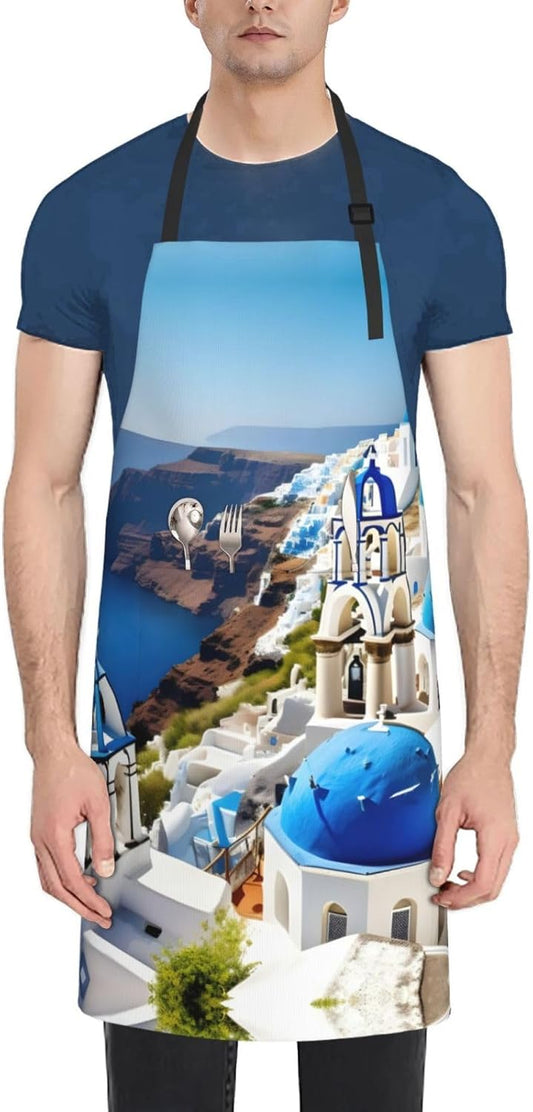 Greek Island sea View print Waterproof apron with pocket adjustable cooking apron for adult kitchen bibs to bake