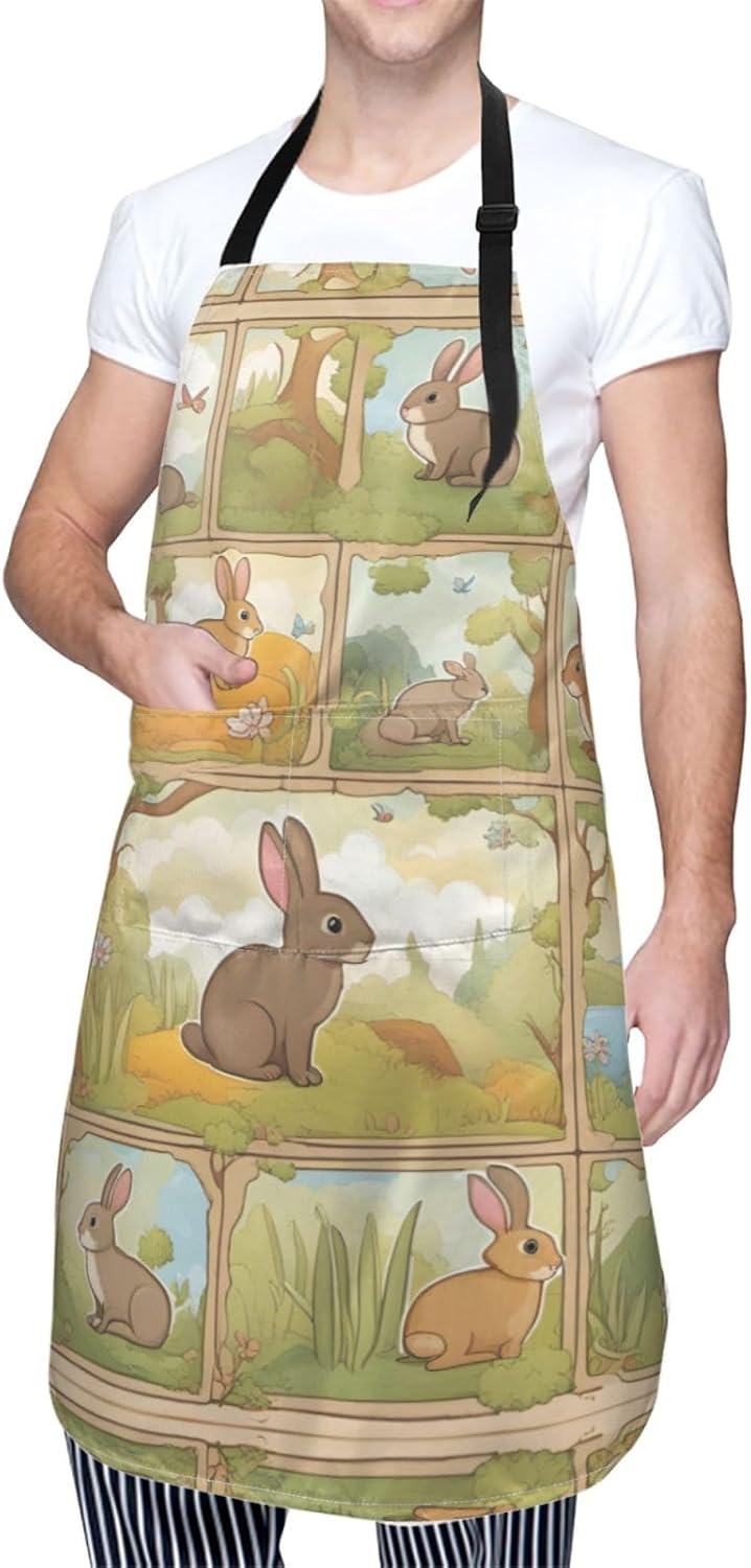 Cartoon Cute Animals Rabbit print Waterproof chef's apron with pocket apron for kitchen cooking baking barbecue and gardening