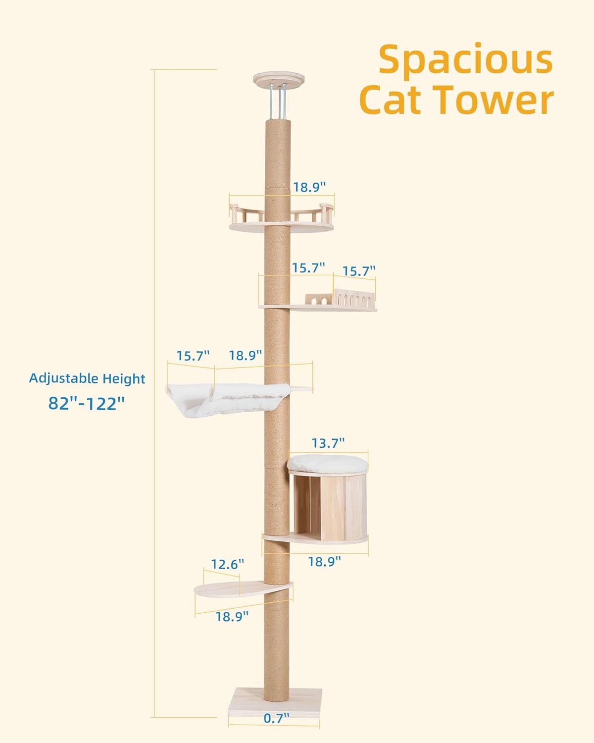 Tall Floor to Ceiling Cat Tree for Large Cats, Cat Tower with Scratchi