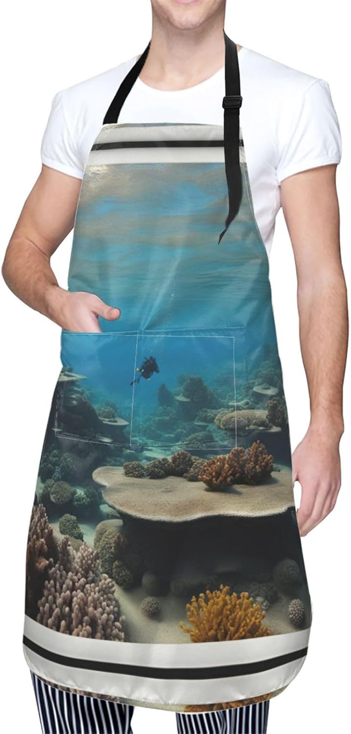 Underwater Ocean View Print 28 x 33in Waterproof Apron with Pockets Fashionable Versatile Smock for Baking