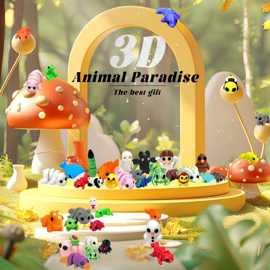 102 Pcs Mini Random 3D Printed Animal Figurines Set, Flexible Articulated Fidget Toys,Surprise 3D Printed Animals Cute Desk Decor, Party Favors, Classroom Rewards(Large & Small Sizes)