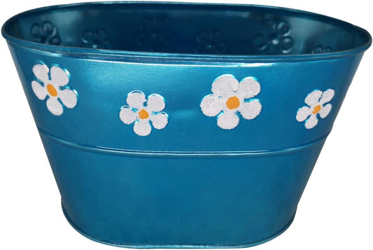 BESTOYARD Vintage Blue Floral Embossed Iron Flower Bucket with Handle 