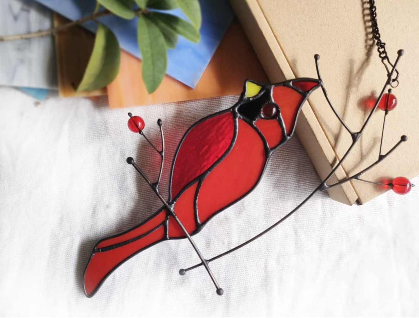 Stained Glass Cardinal Bird Window Hanging Sun Catcher Home Decoration