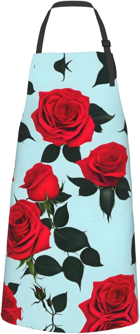 Red Rose print Waterproof chef's apron with pocket apron for kitchen cooking baking barbecue and gardening