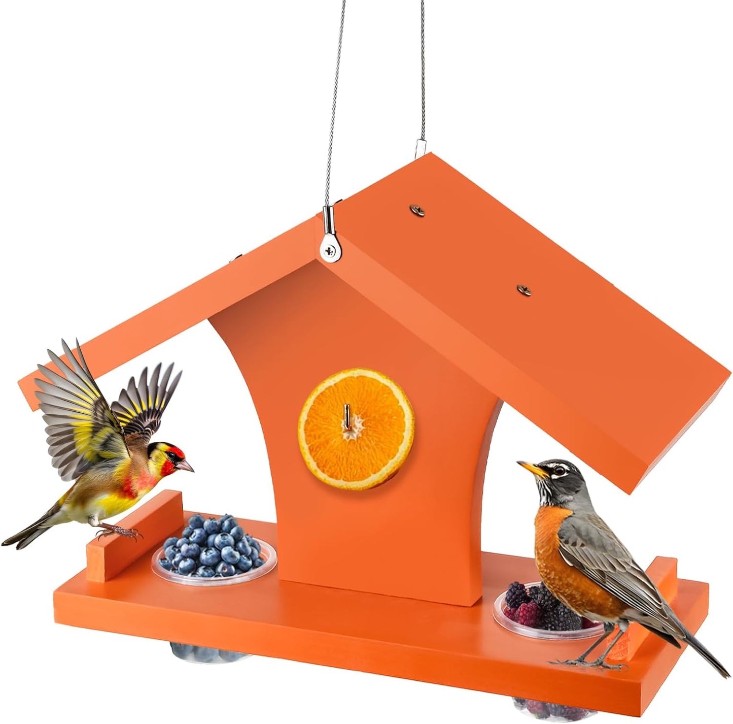 Oriole Feeder for Outdoors Hanging, Wooden Feeder for Oriole Birds with Pegs for Orange Halves, 6 Removable Cups for Jelly or Jam,Fruit,Nectar or Seed, Orange
