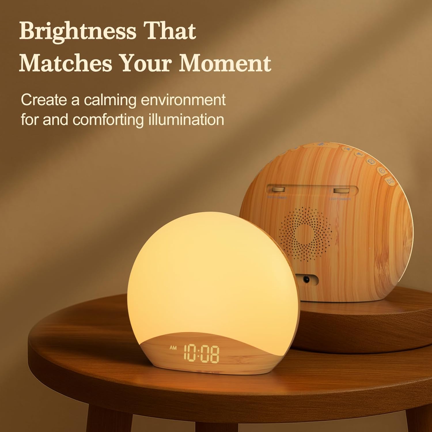 REACHER Wood Grain Sunrise Alarm Clock and Sound Machine Nightlight, D