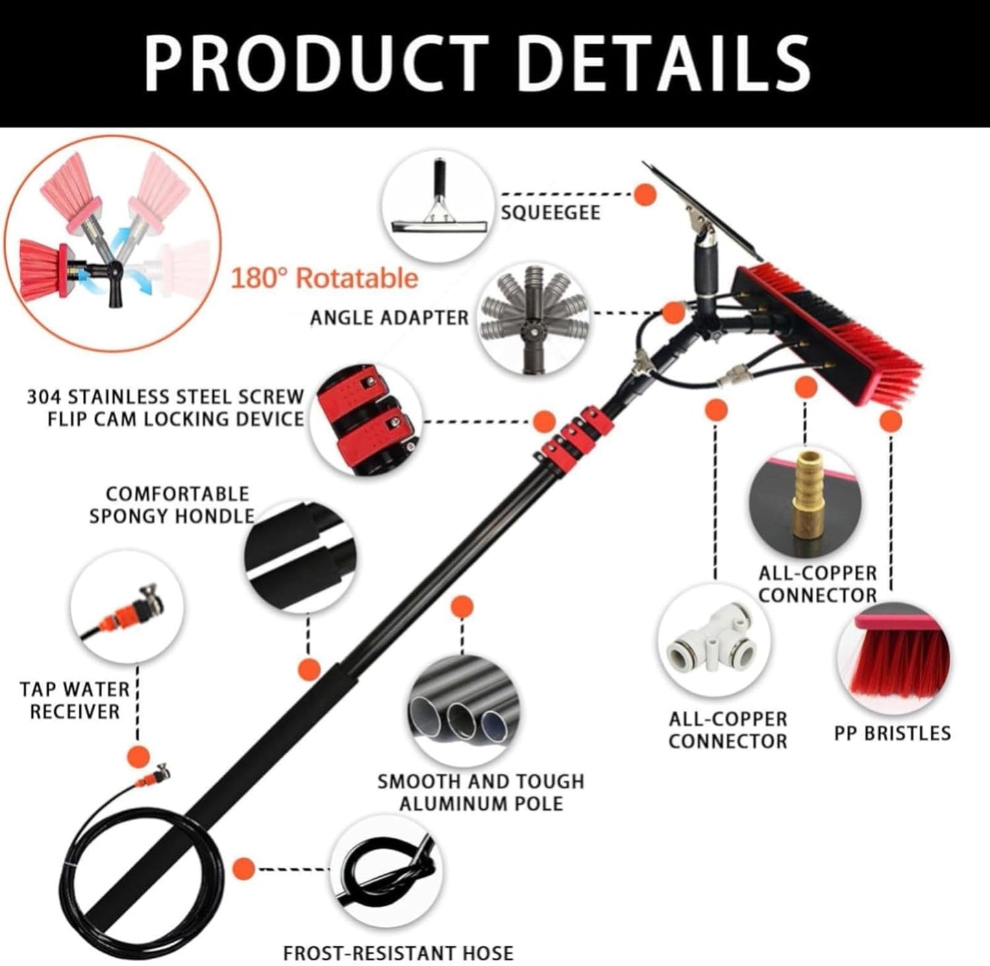 Window Cleaner Kit with Scraper & Brush Extends 3.610.8M for Effortless Window & Solar Panel Cleaning Lightweight Adjustable Perfect for High Reach