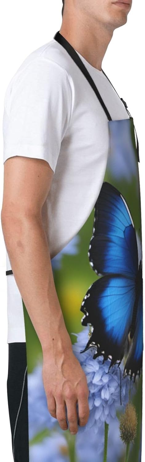 blue butterfly print Waterproof chef's apron with pocket apron for kit