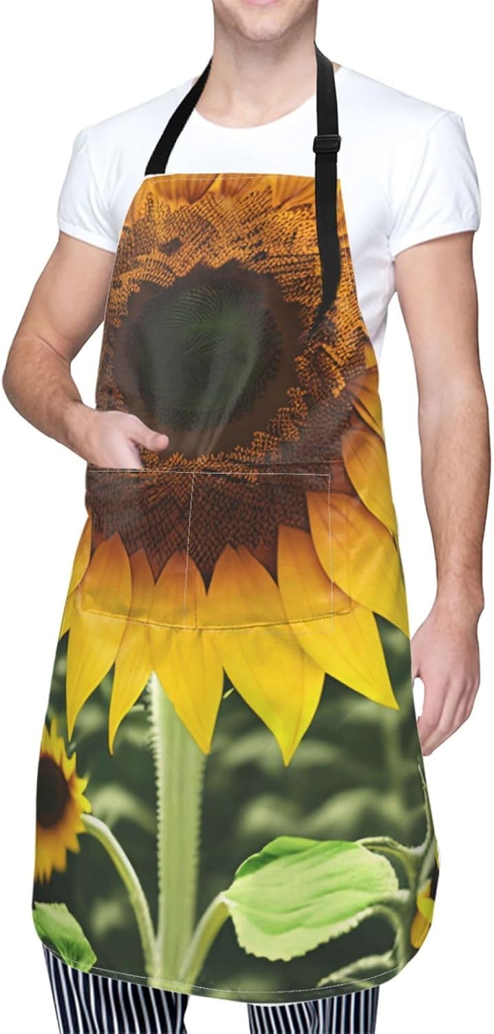 Yellow Sunflower Print 28x33 In Kitchen Apron Stylish Chef Apron with Pockets for Cooking Baking Painting