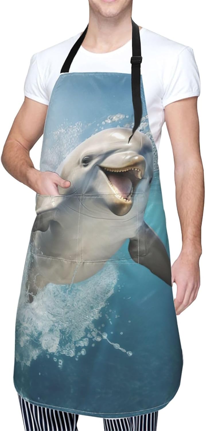 Funny Animal Dolphin print Waterproof chef's apron with pocket apron for kitchen cooking baking barbecue and gardening