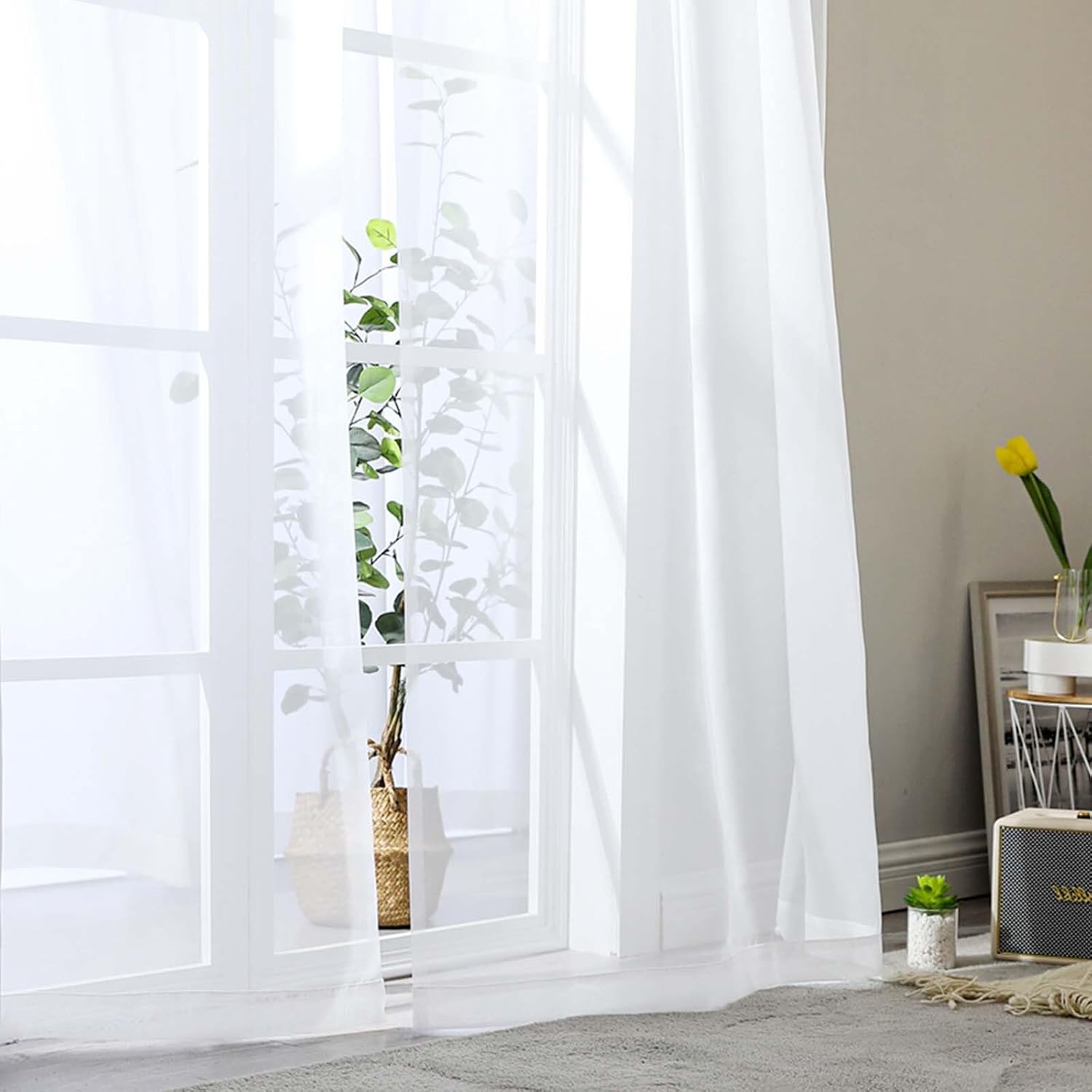 White Sheer Curtains 84 Inches Long 2 Panels Set for Bedroom Living Ro