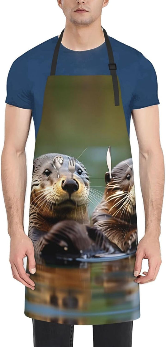 Otters print Waterproof apron with pocket adjustable cooking apron for adult kitchen bibs to bake