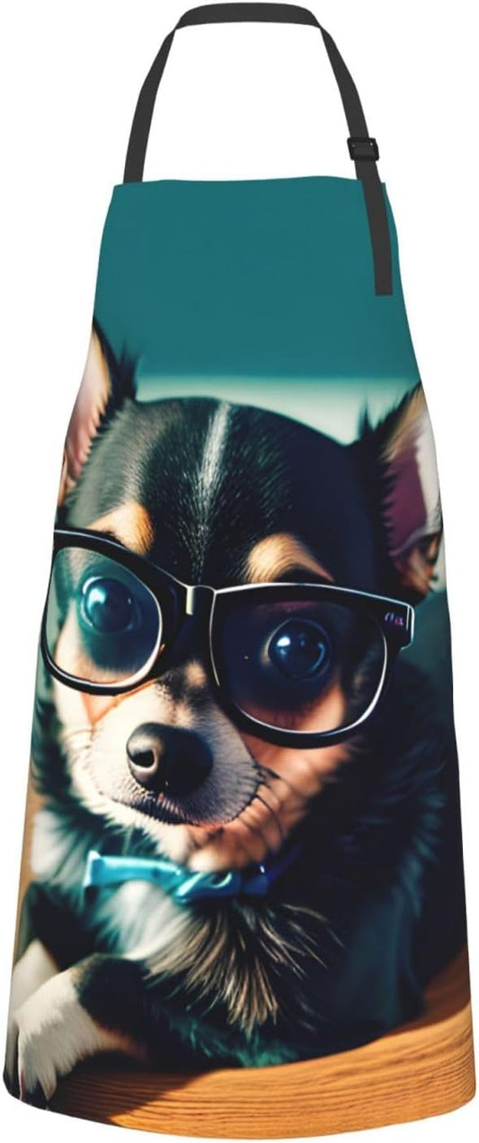 Chihuahua Dog Glasses print Waterproof chef's apron with pocket apron for kitchen cooking baking barbecue and gardening