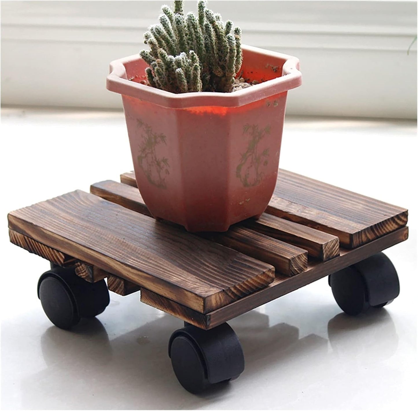 Wooden Vase Base Wooden Movable Potted Plant Square Flower Pot Stand with Wheels Rack On Rollers Dolly Holder for Home Garden Planter Trolley Wooden Vase Stand
