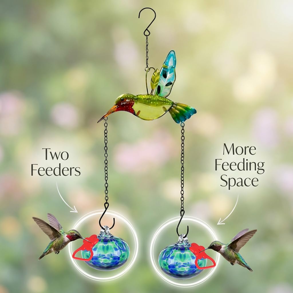 Hand Blown Glass Hummingbird Feeder–Unique Hummingbird Feeders for Outdoors Hanging with Hummingbird Orament and Upgraded Sturdy Iron Chains,Hand-Painted Art for Garden Yard Decor(Red)