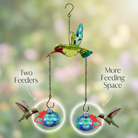 Hand Blown Glass Hummingbird Feeder–Unique Hummingbird Feeders for Outdoors Hanging with Hummingbird Orament and Upgraded Sturdy Iron Chains,Hand-Painted Art for Garden Yard Decor(Red)