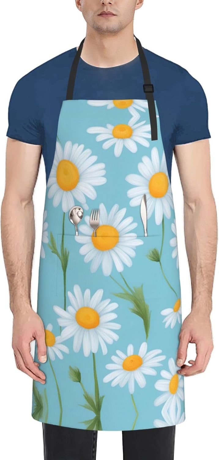 White Daisy in Light Blue Background print Waterproof chef's apron wit