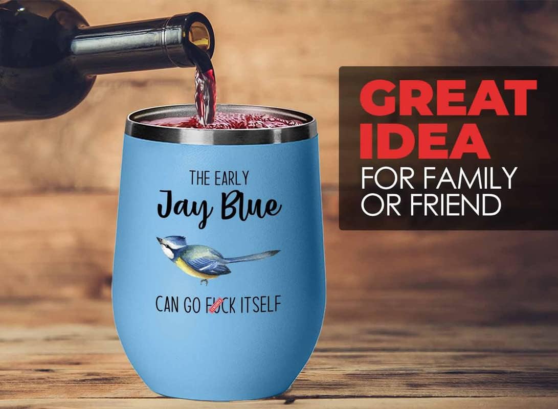 Bird Lover Blue Edition Wine Tumbler 12oz - Early jay blue go - Hummin