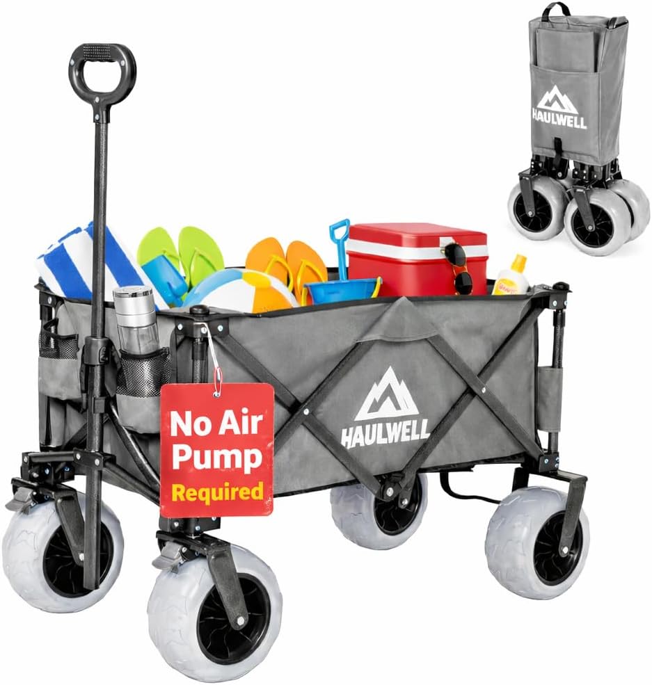 Beach Wagon for Sand with Big Wheels | All Terrain Folding Utility Cart | Collapsible Heavy Duty Wagon Cart for Kids, Beach and Camping | Haulwell