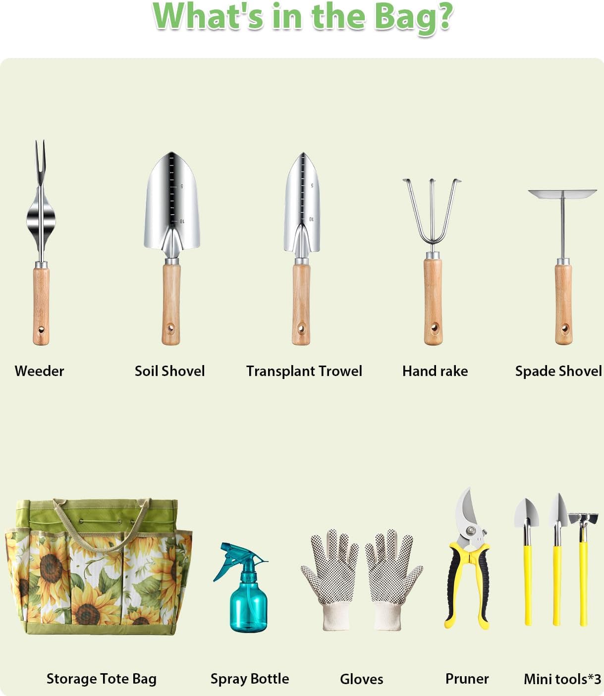 Garden Tools Set 12-Piece, MOSFiATA Gardening Tools Kit with Comfortable Handle, Heavy Duty Soil Shovel, Transplant Trowel, Weeder, Hand rake, Professional Pruner Sprayer Gloves with Organizer Bag