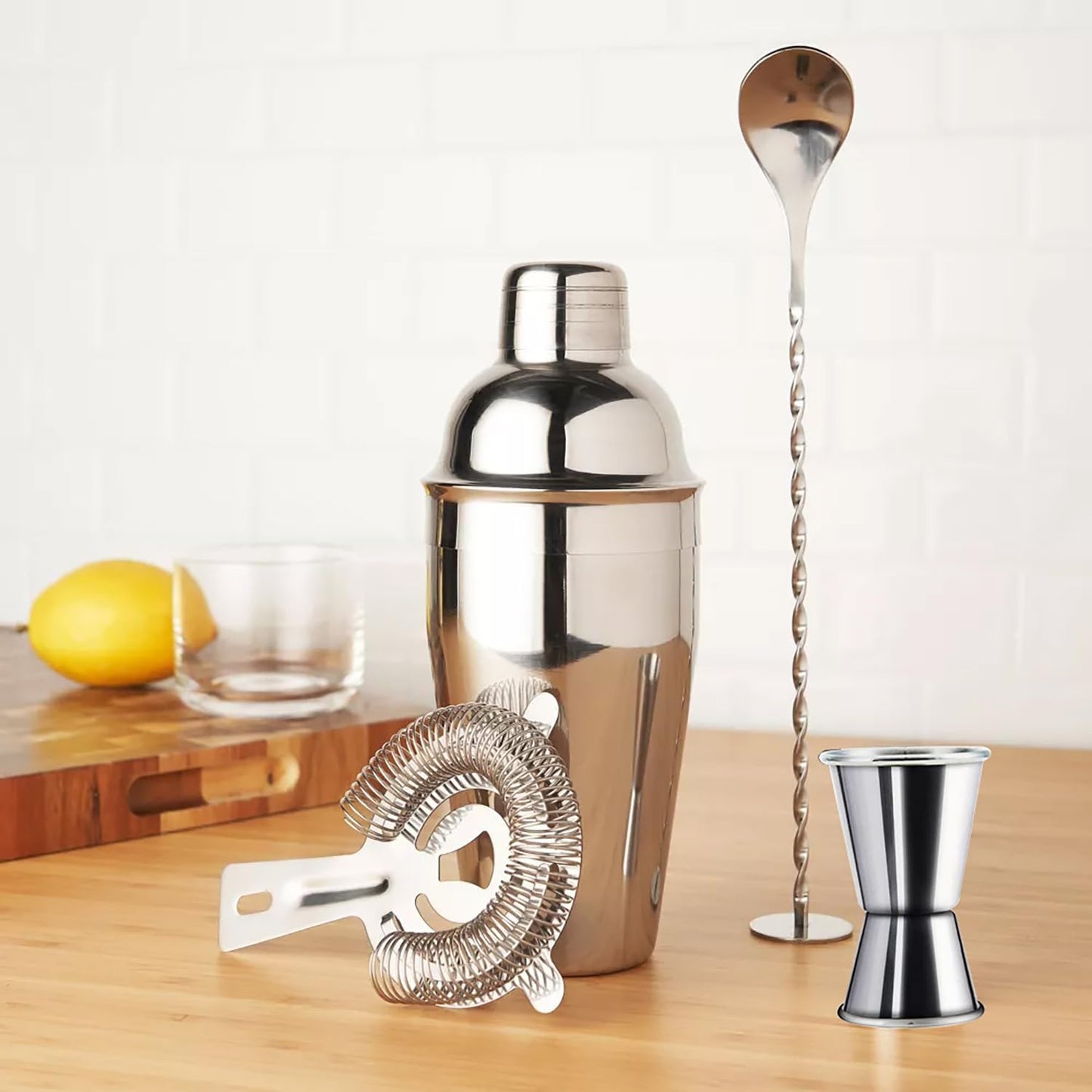6-Piece Cocktail Shaker Set 24oz Shaker Strainer Muddler Jigger Mixing Spoon Pour Spout Bartender Kit Stainless Steel Bar Set Housewarming Gift