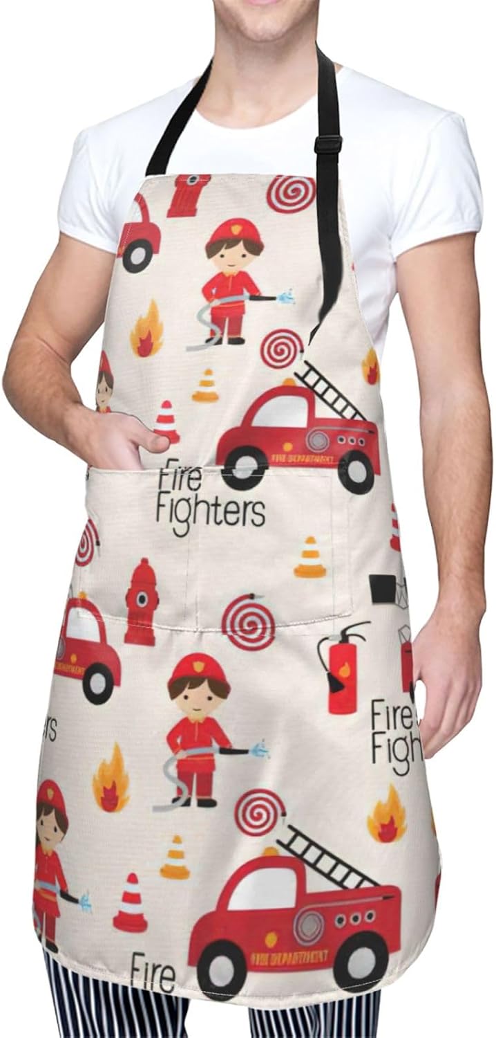 Little Boys and Girls in FireFighters Print 28x33 In Adult Kitchen Apron with Pockets Versatile Chef Smock for Cooking Baking