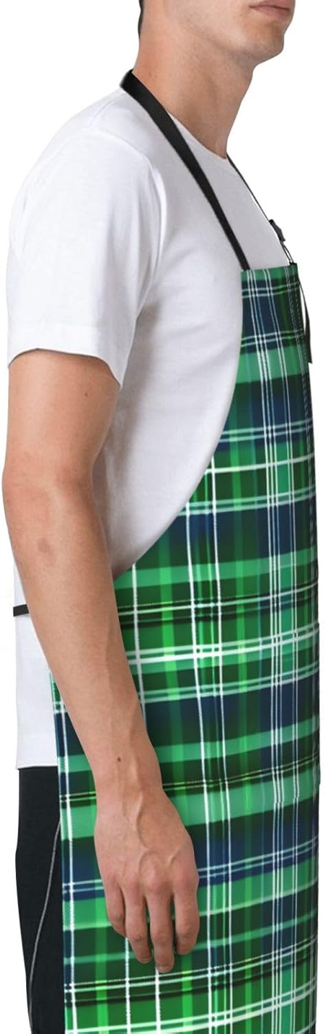 Blue and Green Scottish Tartan print Waterproof apron with pocket adjustable cooking apron for adult kitchen bibs to bake